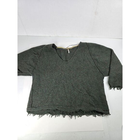 Free People Sweater Womens Extra Small Green Long Sleeve Fringe Wool‎ V-Neck XS - Picture 1 of 10